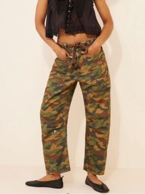 Free People low slung camo barrel jeans